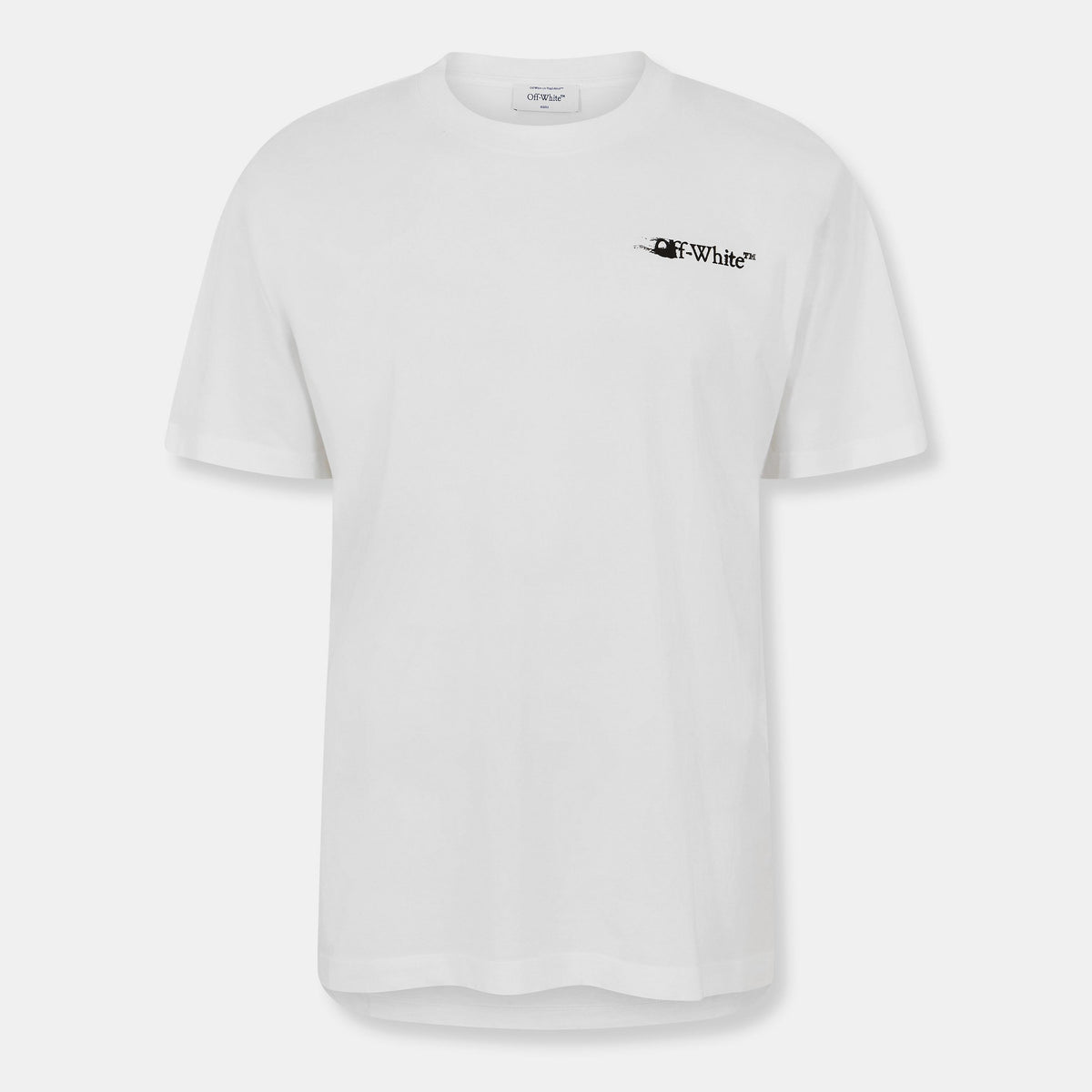 Off White men’s T-shirt with small black logo text on the chest