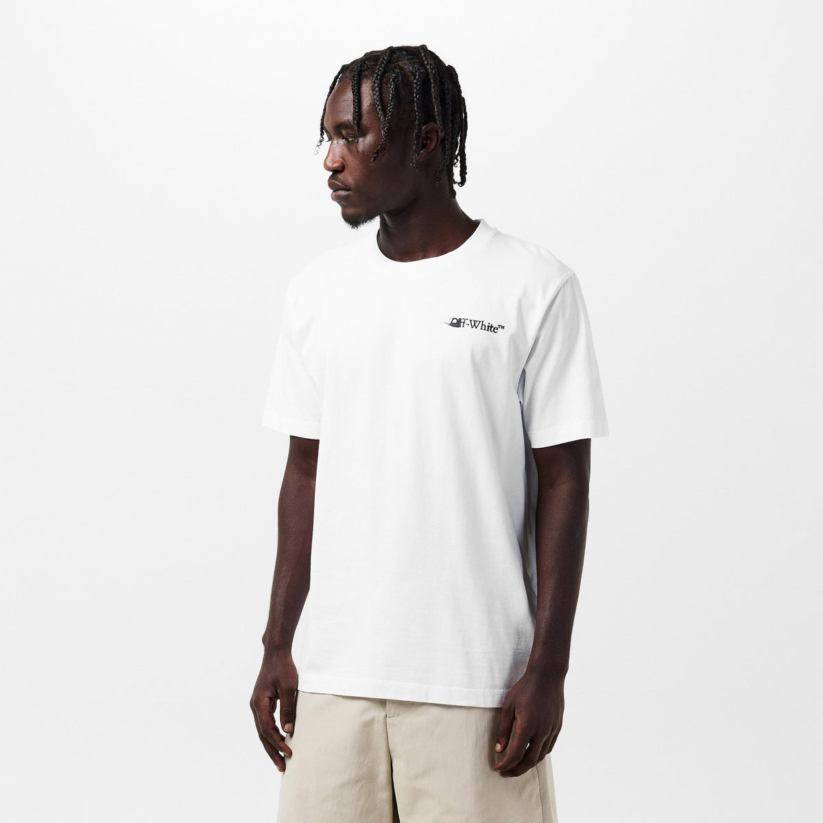 Off White men’s T-shirt, side view with small black chest logo