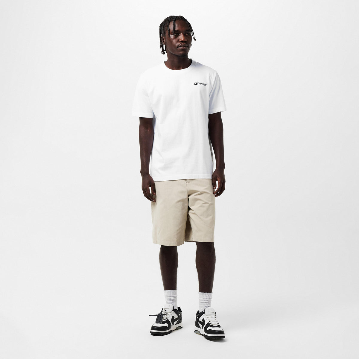 Off White men’s T-shirt front view with small black logo and crew neck