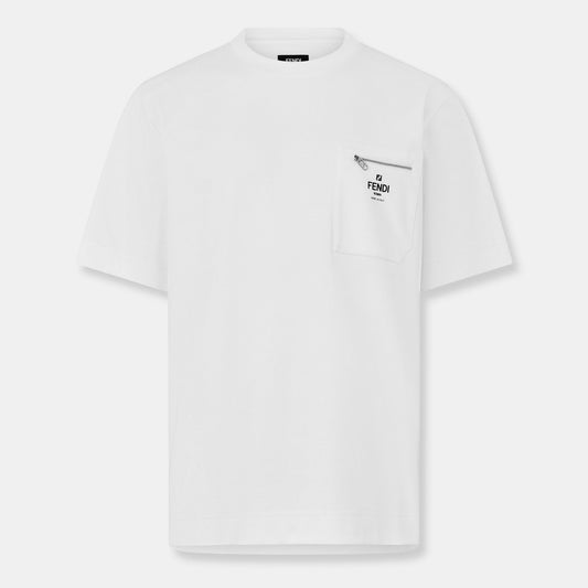 Fendi Herren-T-Shirt, weiß, Brusttasche mit Reißverschluss und Logo-Print