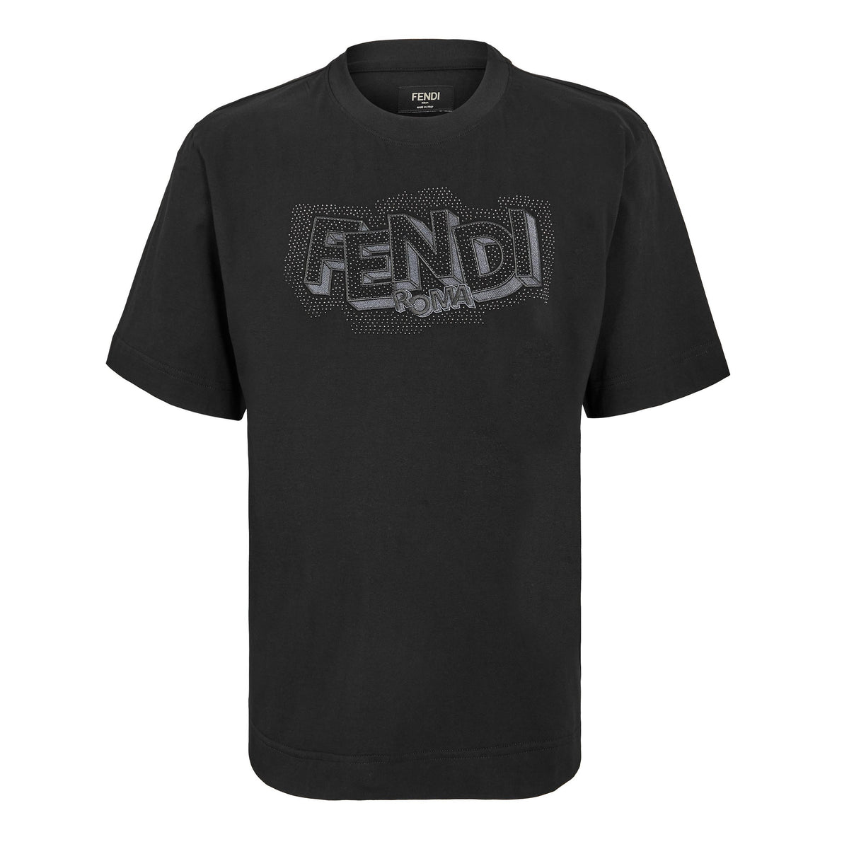 Fendi T-Shirt FF Pop, schwarz, „FENDI ROMA“ Strass-Logo vorne