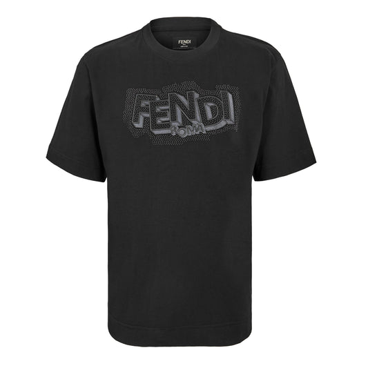 Fendi T-Shirt FF Pop, schwarz, „FENDI ROMA“ Strass-Logo vorne