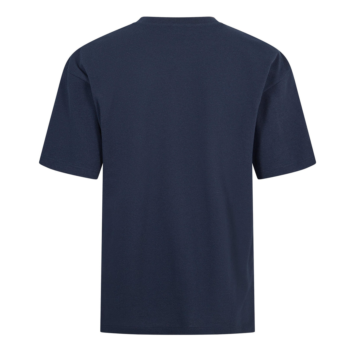 Navy crew-neck T-shirt back view, short sleeves, straight hem