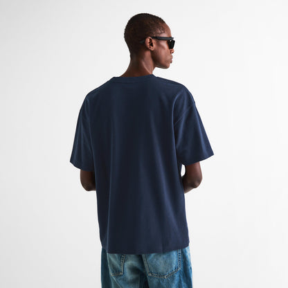 Navy crew-neck T-shirt from the back, short sleeves, relaxed fit
