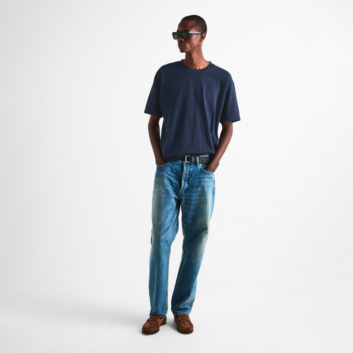 Navy Saint Laurent crew-neck T-shirt with short sleeves on model