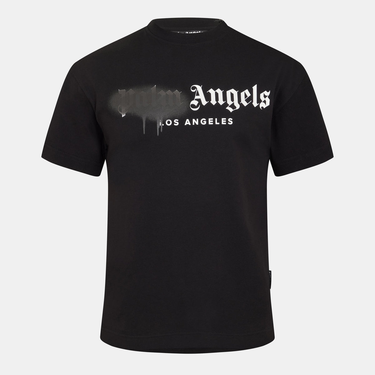 Men's black Palm Angels spray graphic T-shirt with Angels LA logo on chest