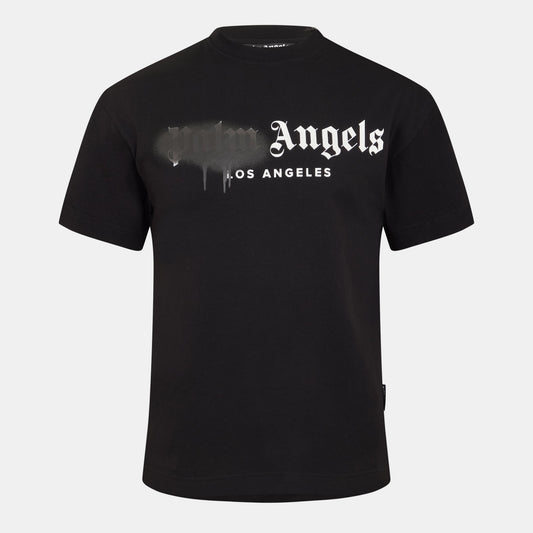 Men's black Palm Angels spray graphic T-shirt with Angels LA logo on chest