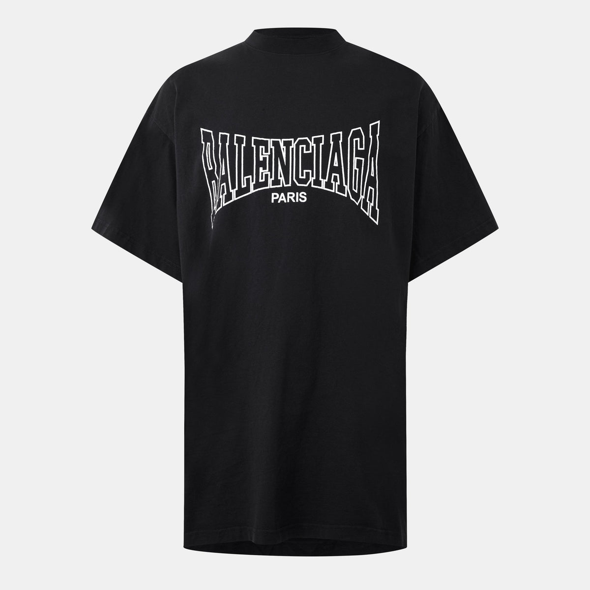 Oversized black T-shirt with large Balenciaga logo graphic on upper back and Paris text