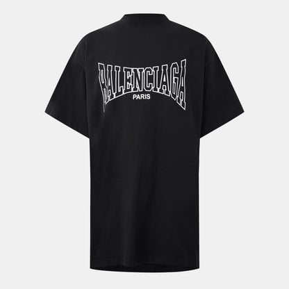 Oversized black T-shirt with large Balenciaga logo graphic on upper back and Paris text