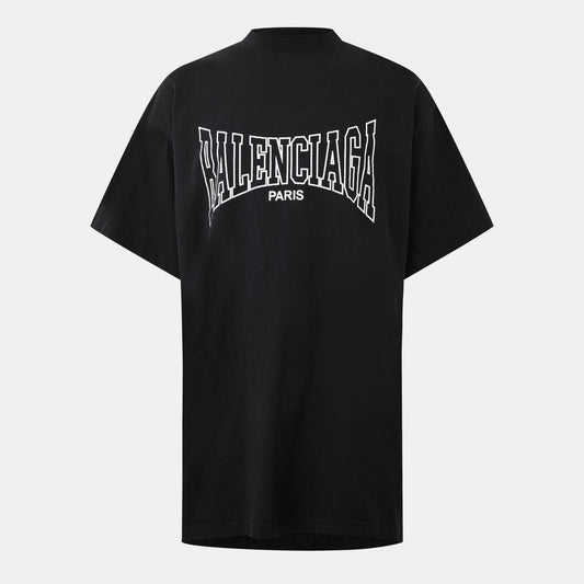 Oversized black T-shirt with large Balenciaga logo graphic on upper back and Paris text
