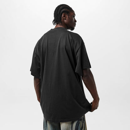 Oversized black T-shirt, plain back view with relaxed shoulder and short sleeves
