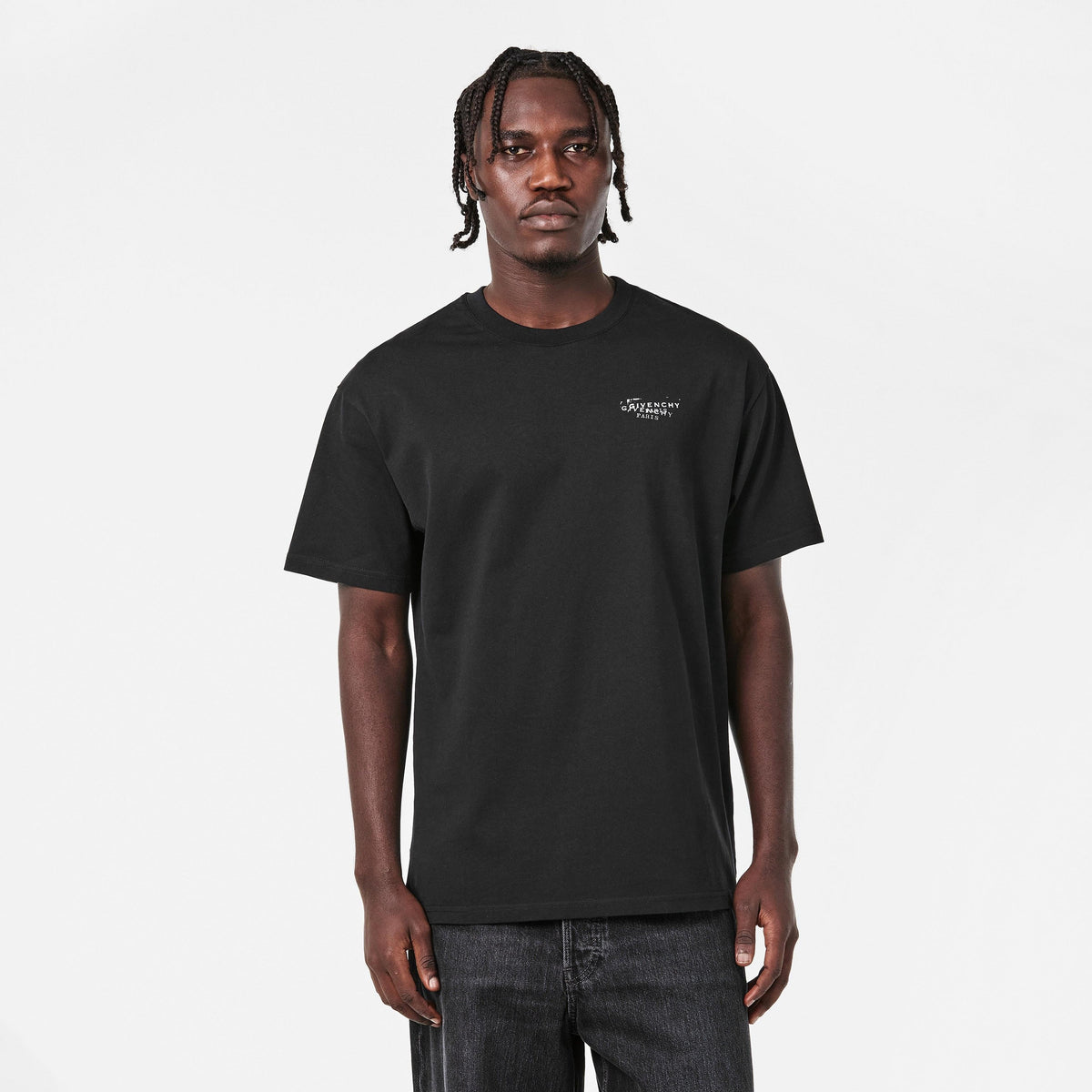 Black crew-neck T‑shirt with small chest logo print