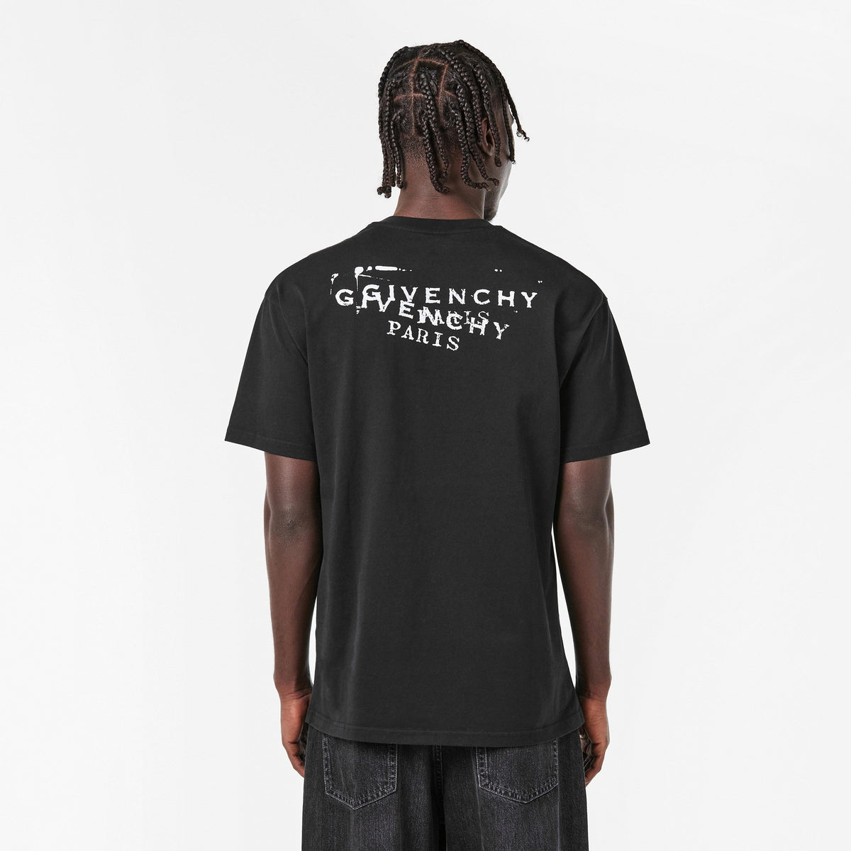 Black crew-neck T‑shirt with large back "GIVENCHY PARIS" stamp print