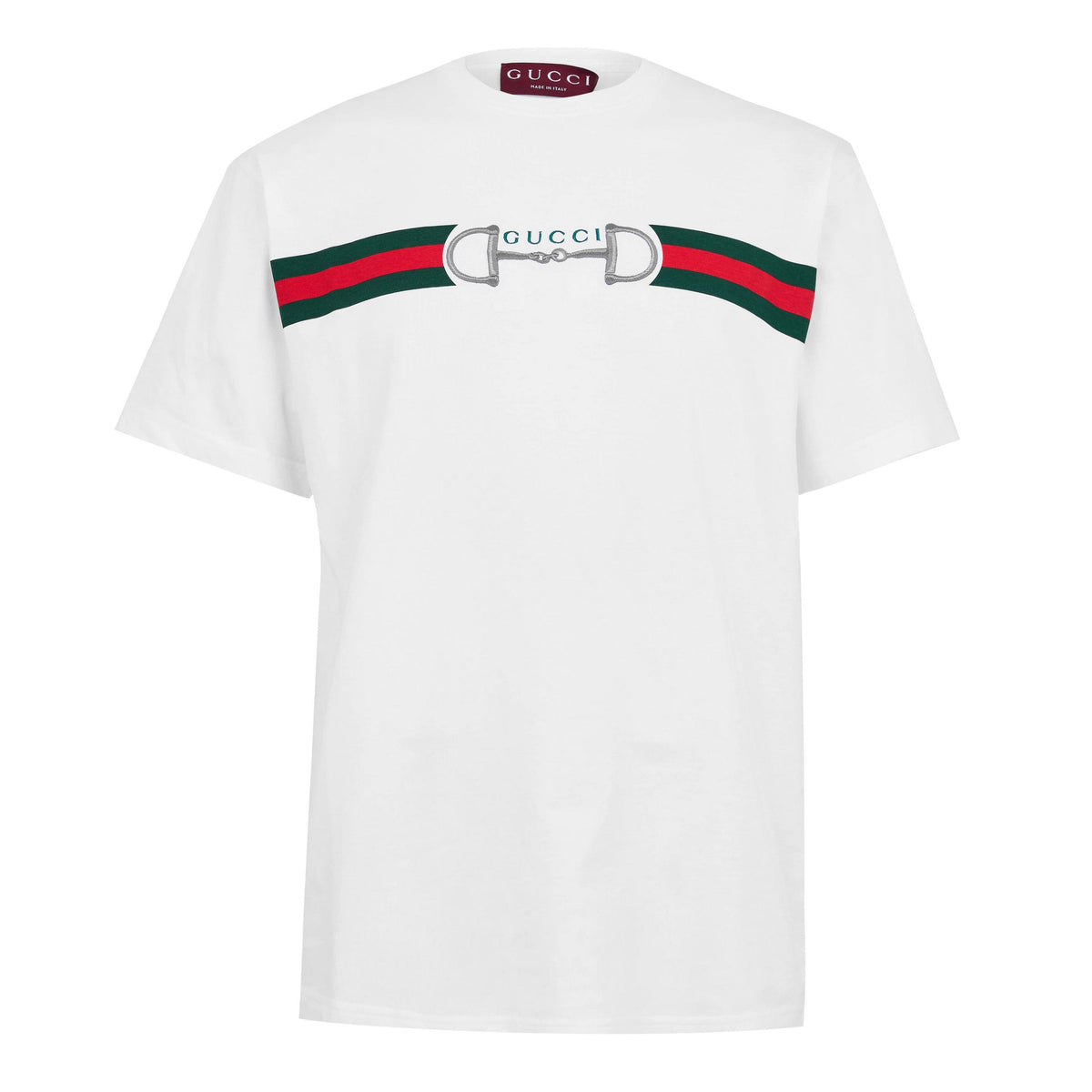 Men’s white T-shirt, short sleeve, Gucci logo graphic with green-red stripe band