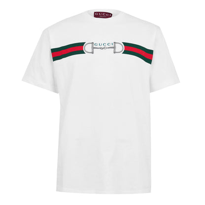 Men’s white T-shirt, short sleeve, Gucci logo graphic with green-red stripe band