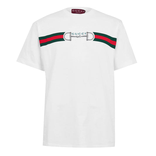 Men’s white T-shirt, short sleeve, Gucci logo graphic with green-red stripe band