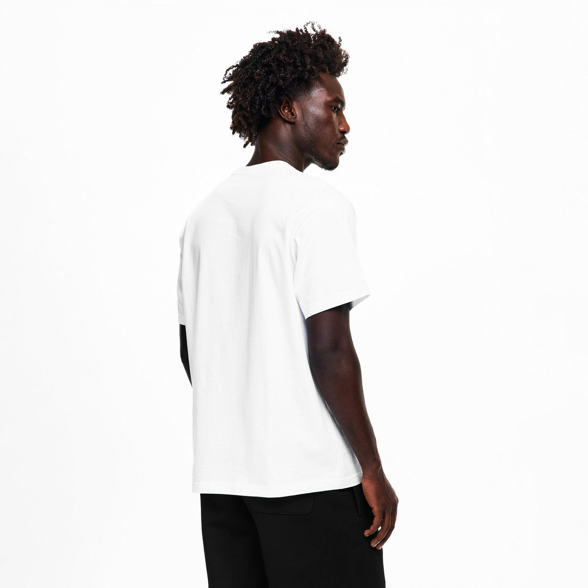 Men’s white short-sleeve T-shirt, side back view, no chest graphic shown