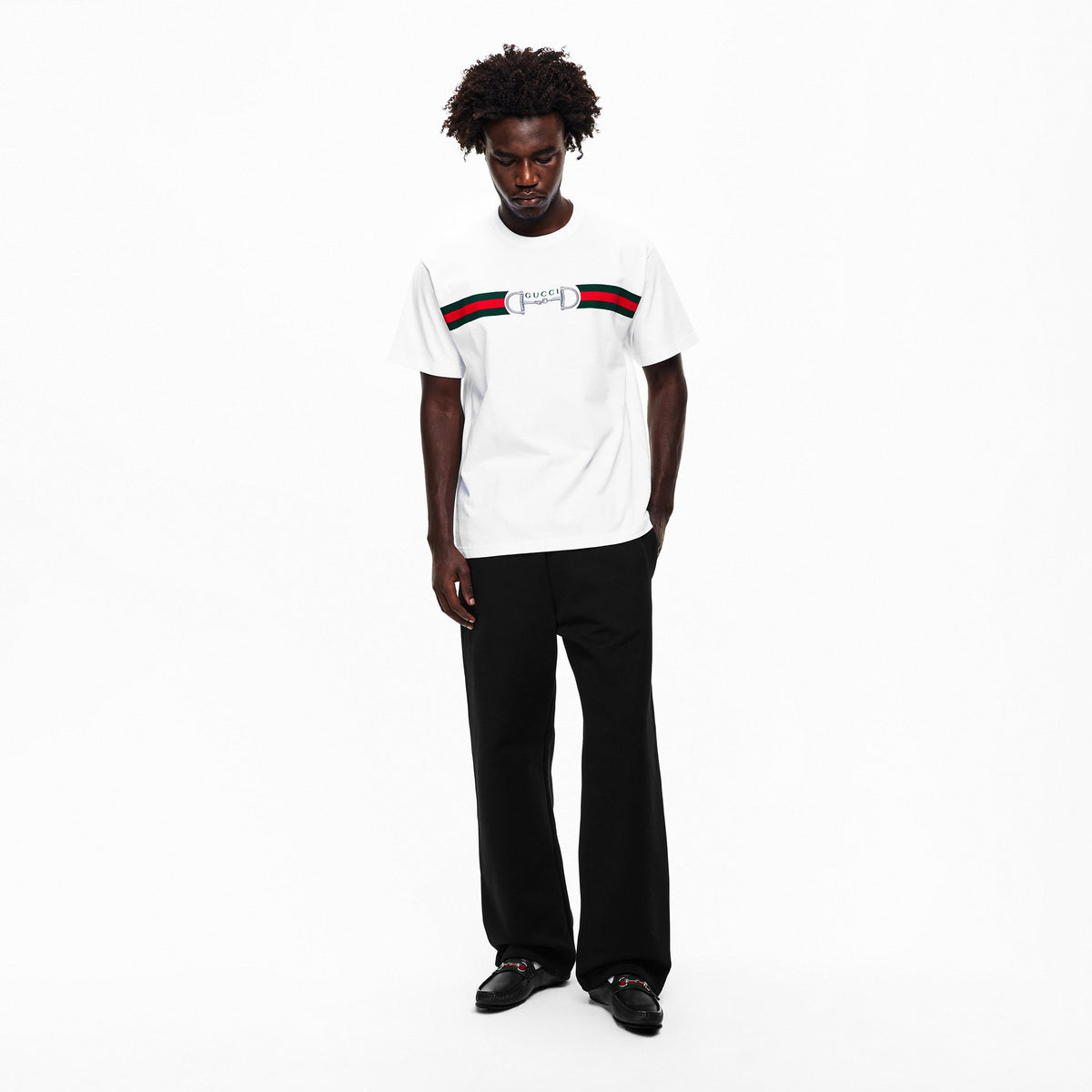 Men’s white short-sleeve T-shirt with chest Gucci logo and green-red stripe band