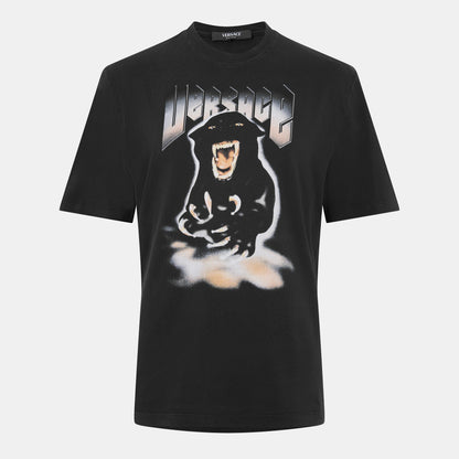 T-shirt nera con grafica frontale di cane e scritta
