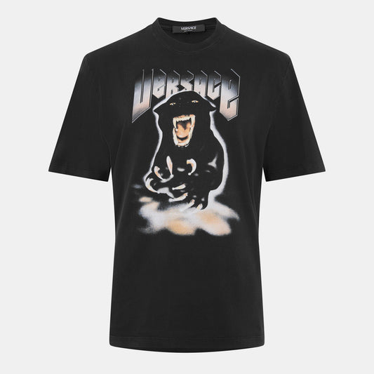 T-shirt nera con grafica frontale di cane e scritta