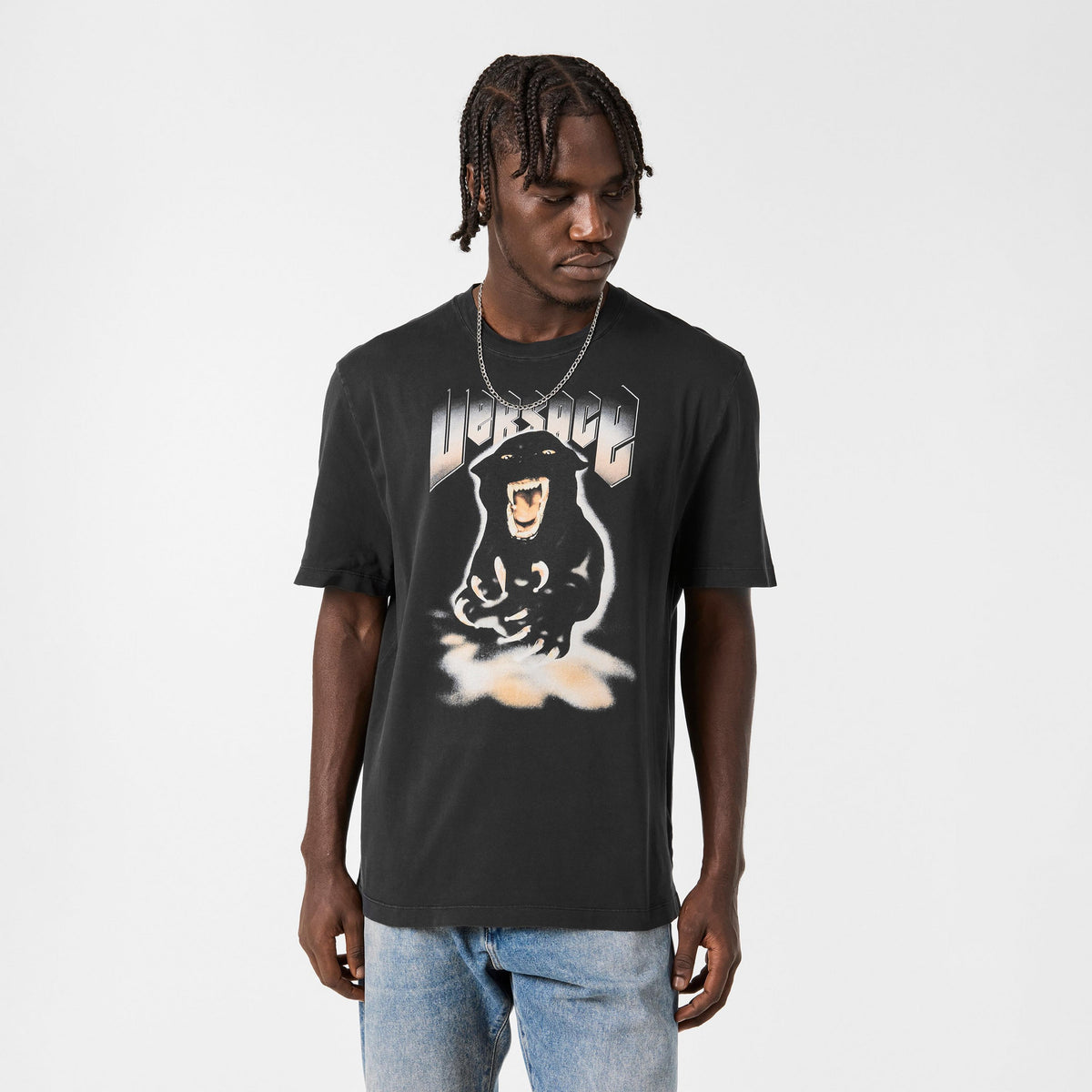 T-shirt nera con stampa frontale di cane, girocollo maniche corte
