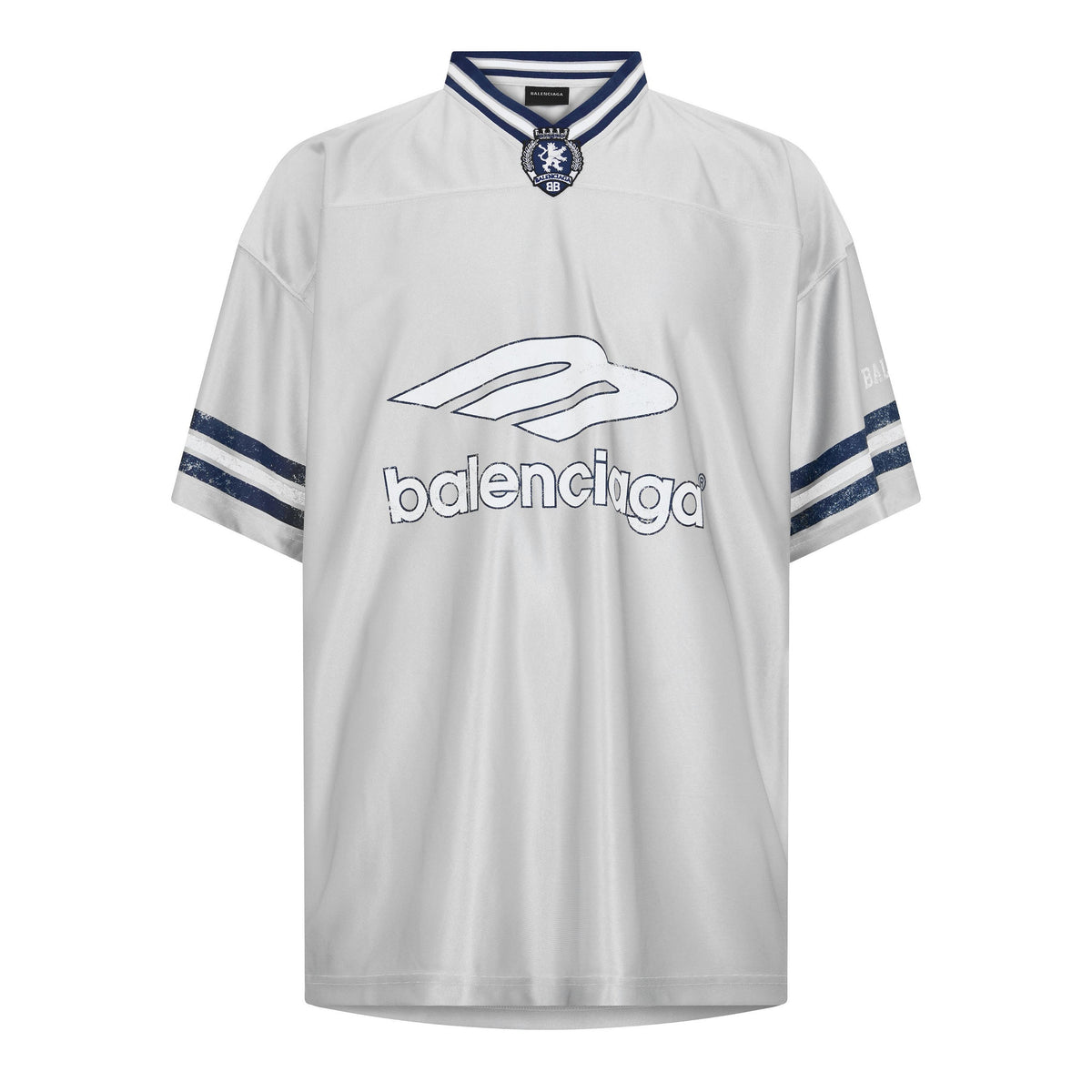 Oversized Balenciaga T-shirt, white with blue V-neck rib and chest logo print