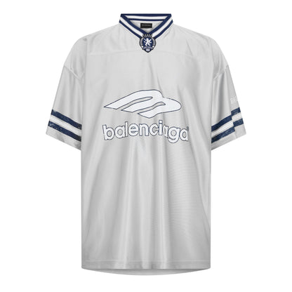 Oversized Balenciaga T-shirt, white with blue V-neck rib and chest logo print