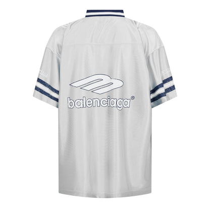 Back of oversized Balenciaga T-shirt, white with blue-striped collar and logo graphic