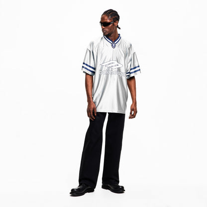 Oversized Balenciaga V-neck T-shirt, white with blue logo; full model view