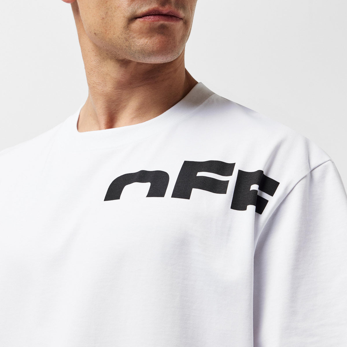 Off White men's T-shirt close-up, chest black logo print