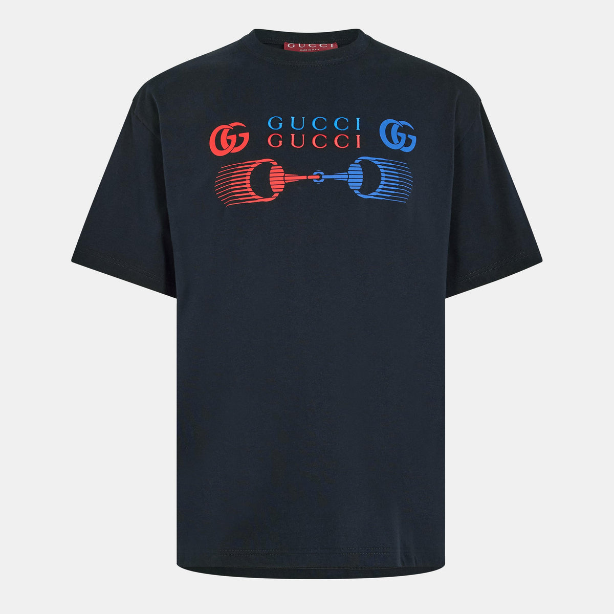 Men's dark T-shirt with colorful GG logo and piston graphic