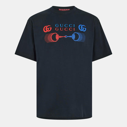 Men's dark T-shirt with colorful GG logo and piston graphic