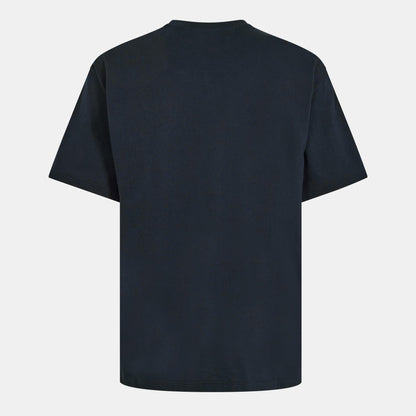 Back view: dark men's T-shirt with crew neck, plain fabric