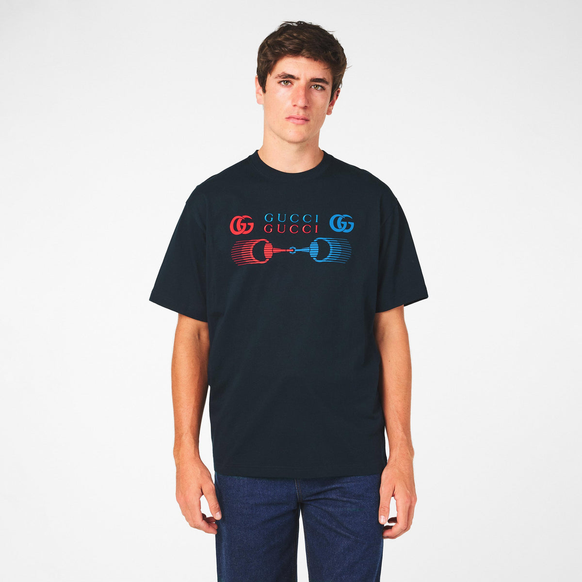 Men's dark T-shirt on model, crew neck, colorful GG logo piston graphic