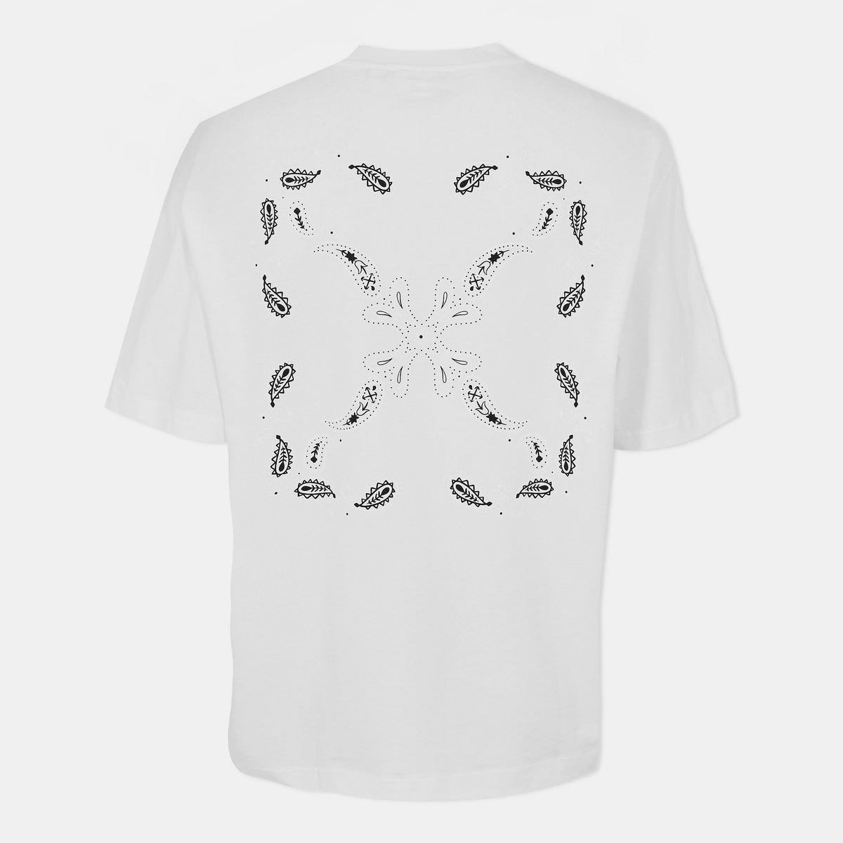 Off-white T-shirt with large back bandana-style print, crew neck, short sleeves