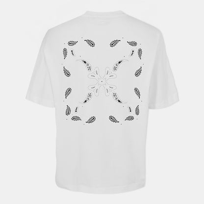 Off-white T-shirt with large back bandana-style print, crew neck, short sleeves