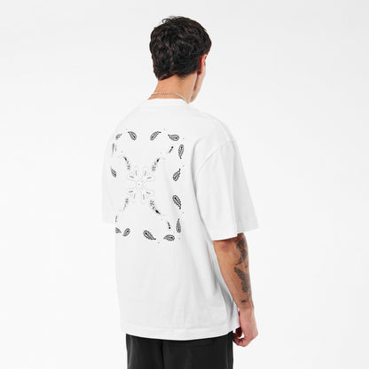 Off-white men's T-shirt, back bandana flower and leaf pattern, crew neck