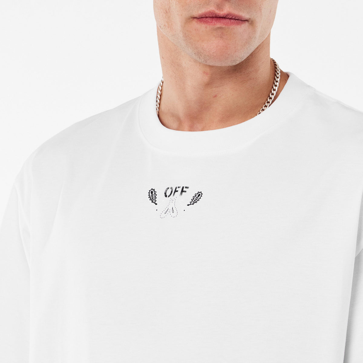 Off-white T-shirt close-up: small 'OFF' logo with bandana-style graphic at chest