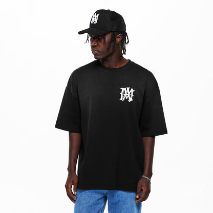 Oversized black graphic T-shirt with chest logo and crew neck