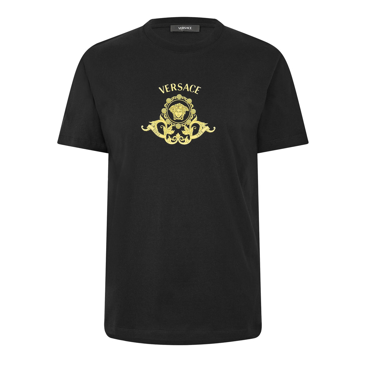 Black Versace Medusa graphic T-shirt with gold logo on chest
