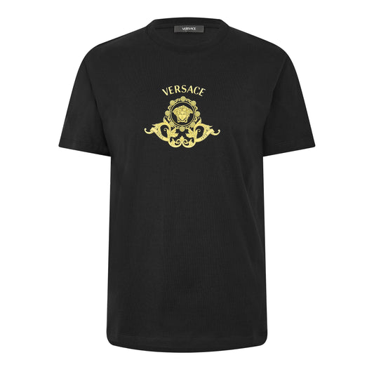 Black Versace Medusa graphic T-shirt with gold logo on chest