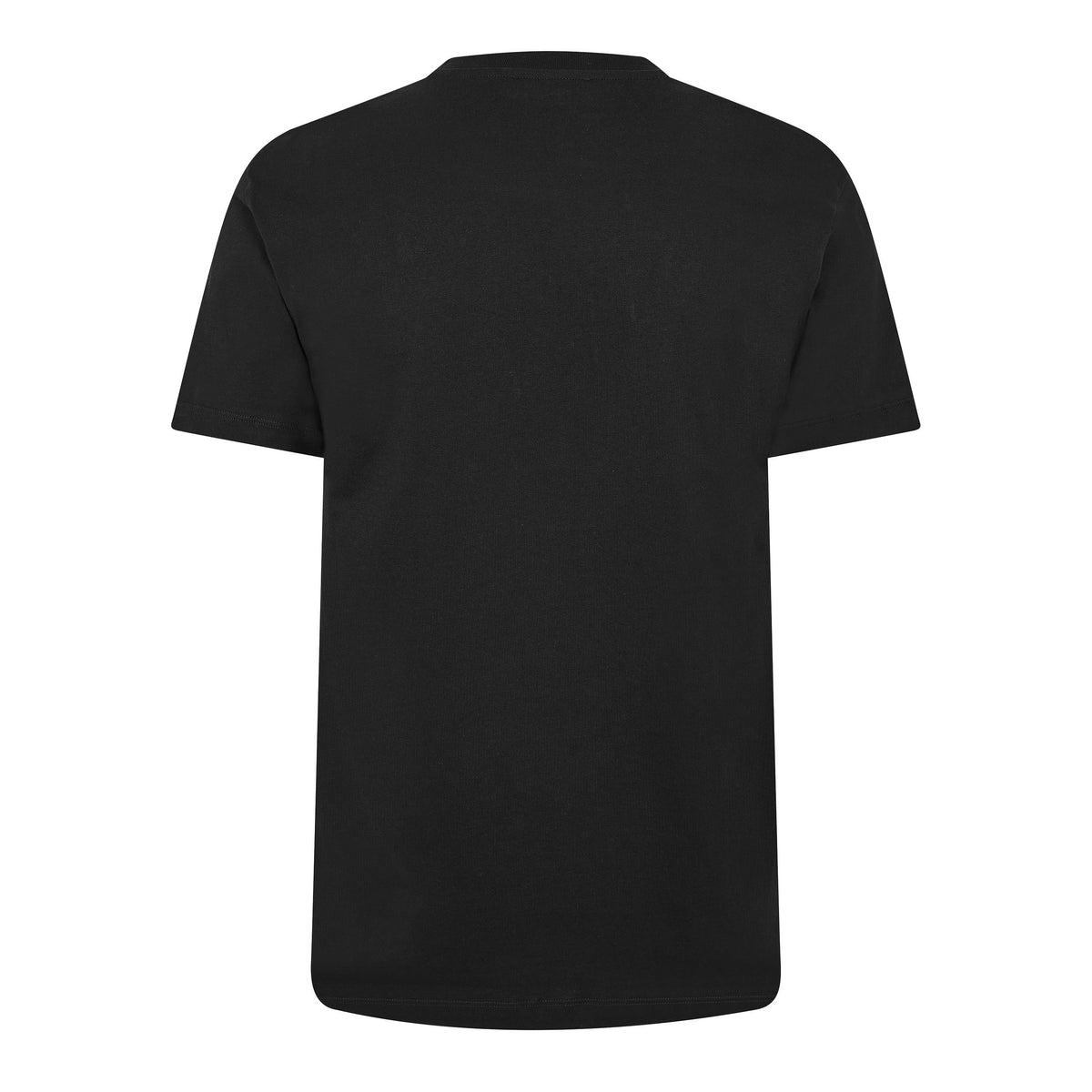 Black short-sleeve T-shirt with crew neck, plain back