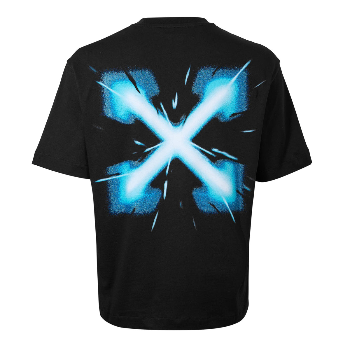 Back view: black T-shirt with large blue burst star graphic