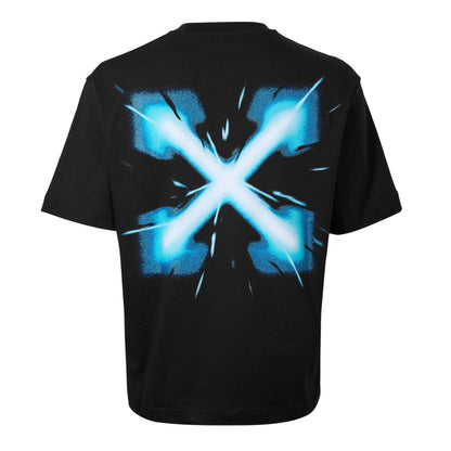 Back view: black T-shirt with large blue burst star graphic
