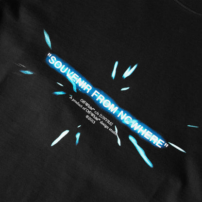 Close-up: black T-shirt front graphic text “SOUVENIR FROM NCWHERE” in blue