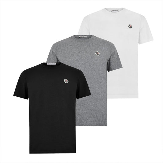 3-pack cotton T-shirts: white, grey, and black with small chest logo