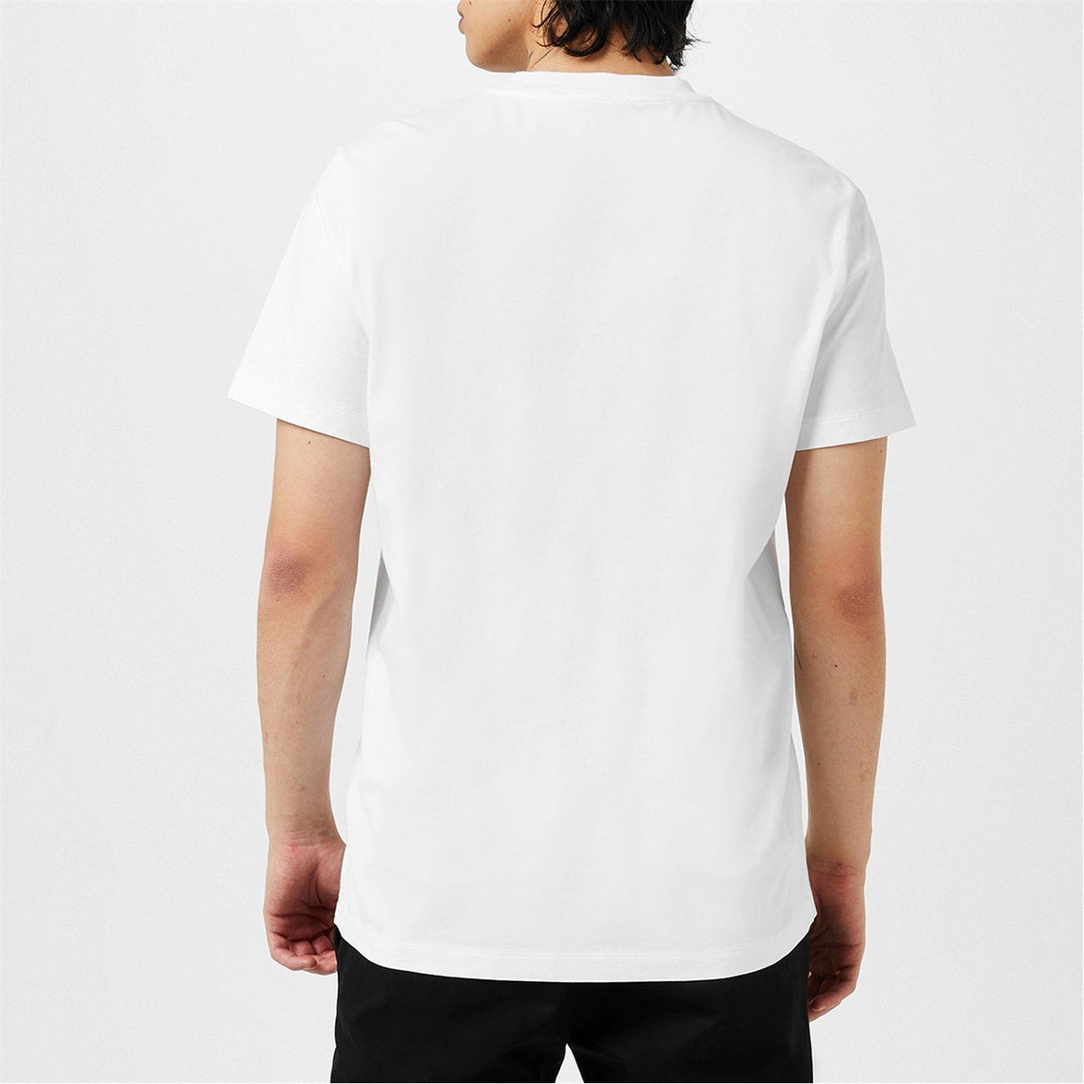 White cotton T-shirt, back view; short sleeves and small chest logo