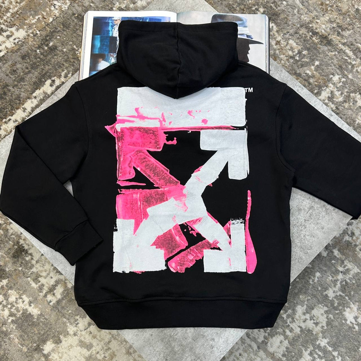 Black Off Wht hoodie with large back graphic print and hood