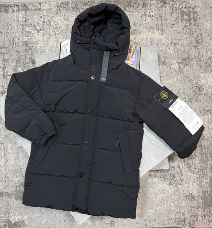 Black puffer coat with attached hood, button front, long sleeves