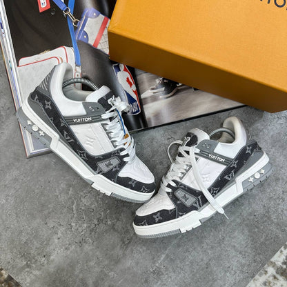 Black and white LV monogram lace-up trainers with padded collar and chunky midsole